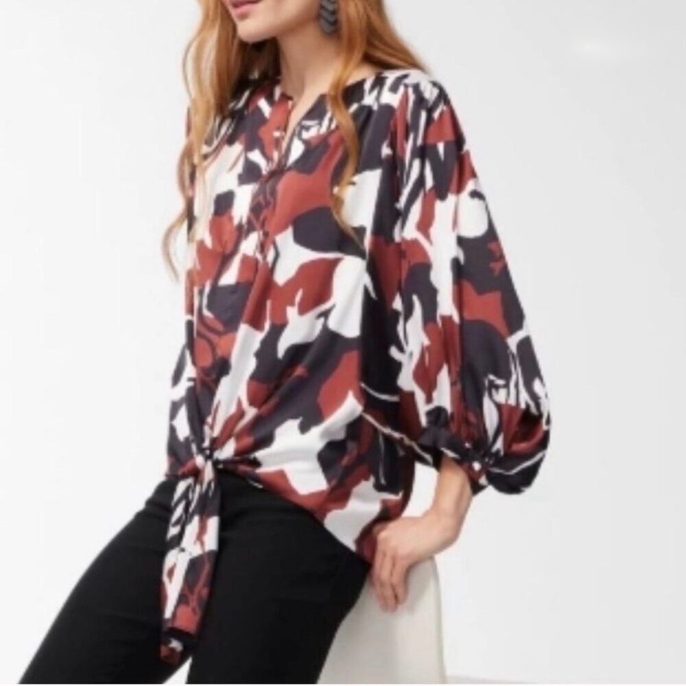 Chico's Satin Black, White, and Brown Abstract Blouse - Picture 2 of 4